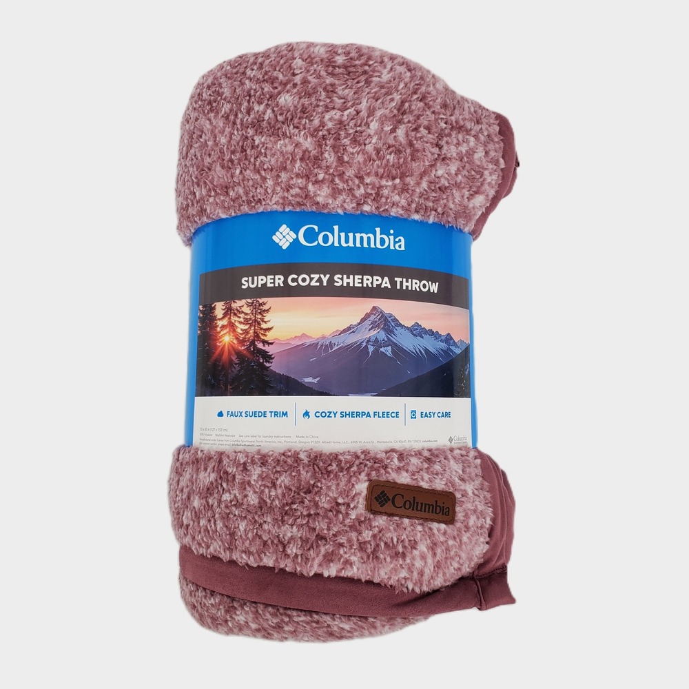 Columbia Super Cozy Sherpa Throw Blanket Fig Muted Purple Faux Suede Trim 50x60